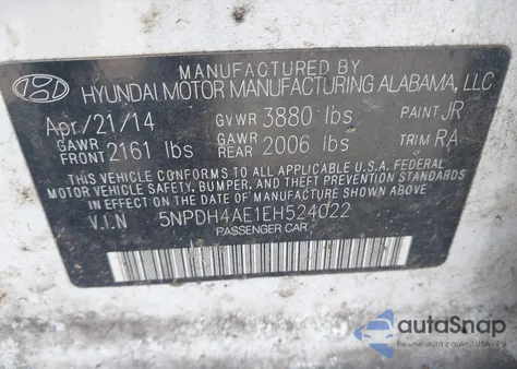 2014 Hyundai Elantra Se/Sport/Limited из США, поврежденный, VIN 5NPDH4AE1EH524022